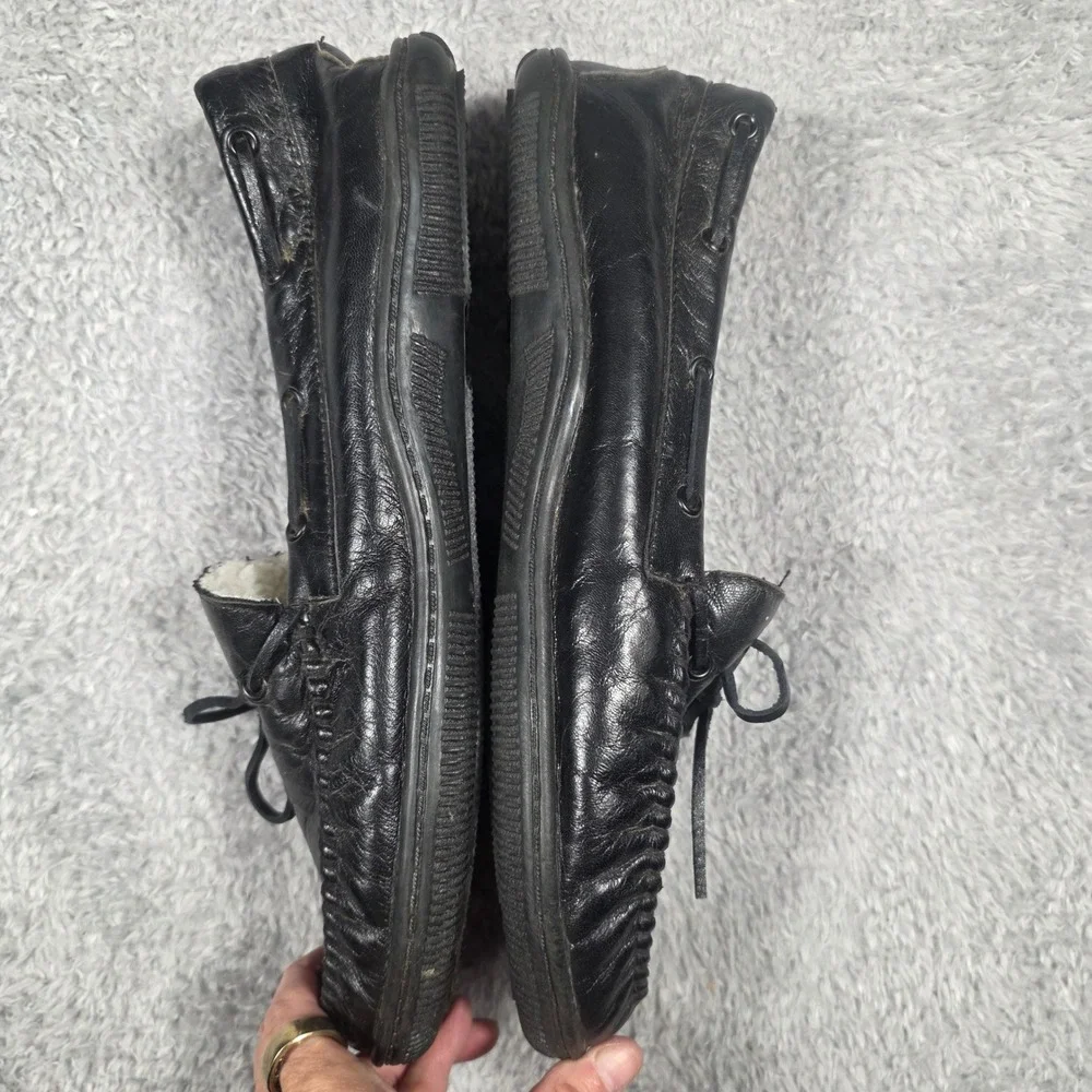 Unbranded Moccasin Slippers Mens 11 Black Leather Faux Fur Lined House Shoes